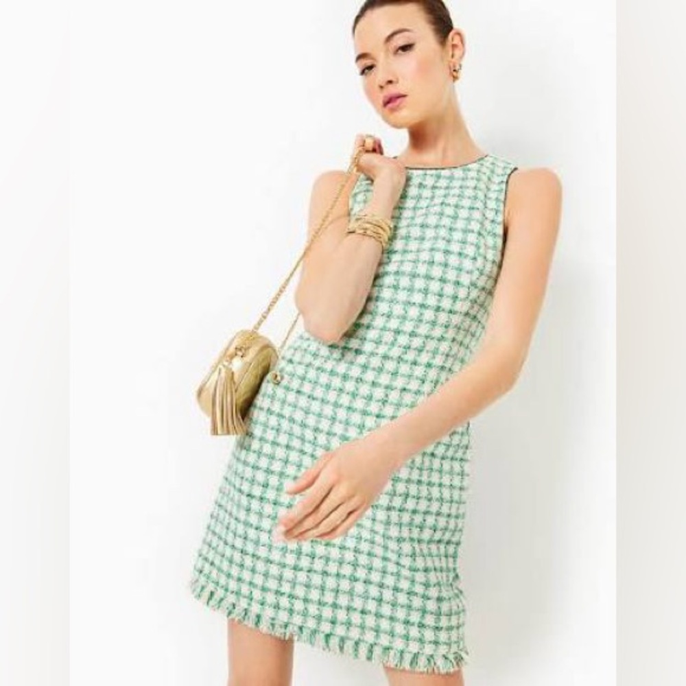 NWT Lilly Pulitzer Fiddle Leaf Green Windowpane Boucle Shift Dress